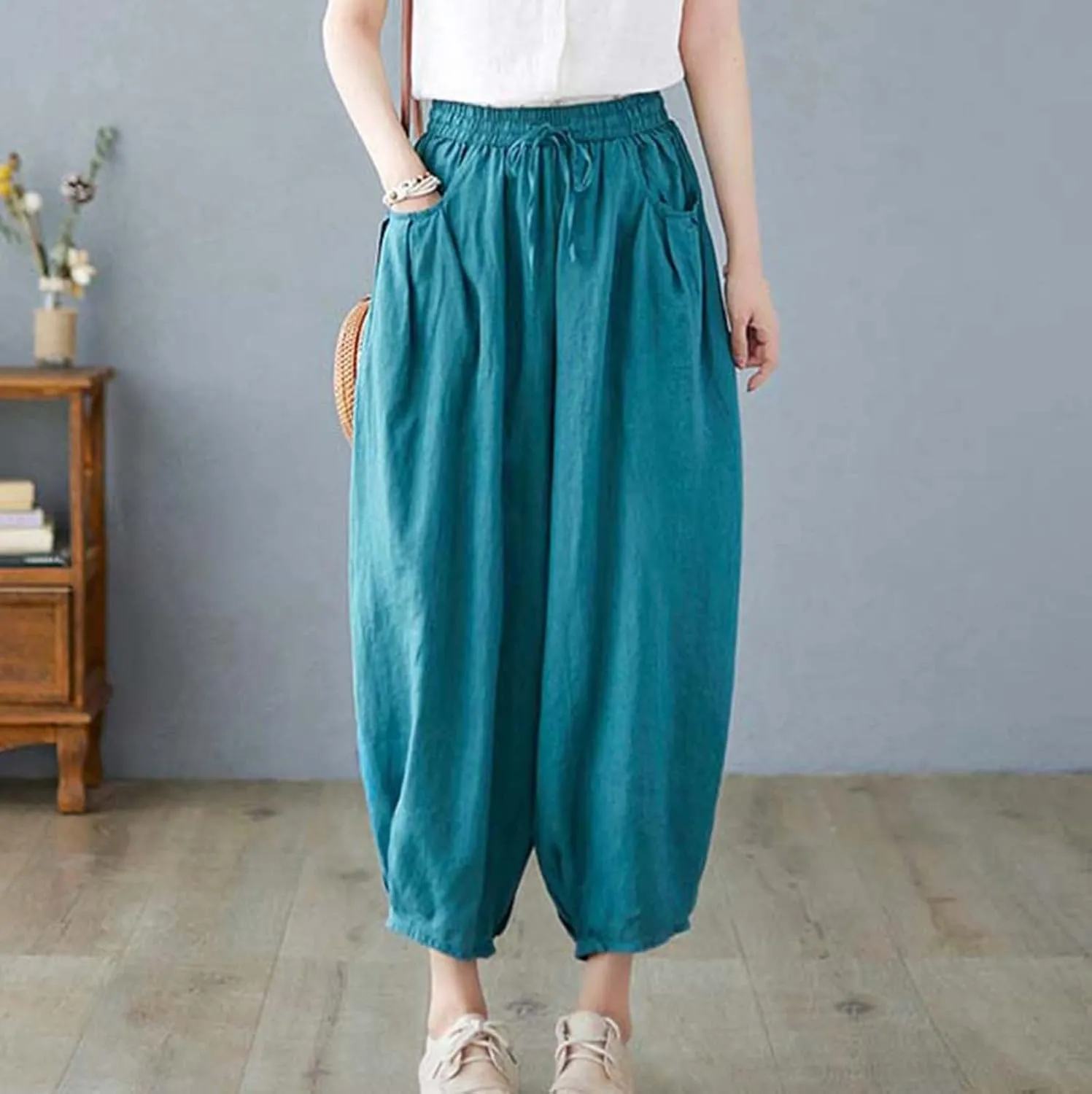 Ceboyel Womens Cotton Linen Harem Pants Drawstring Elastic Waist Summer Trouser Casual Baggy Pants Boho Beach Clothes 2023