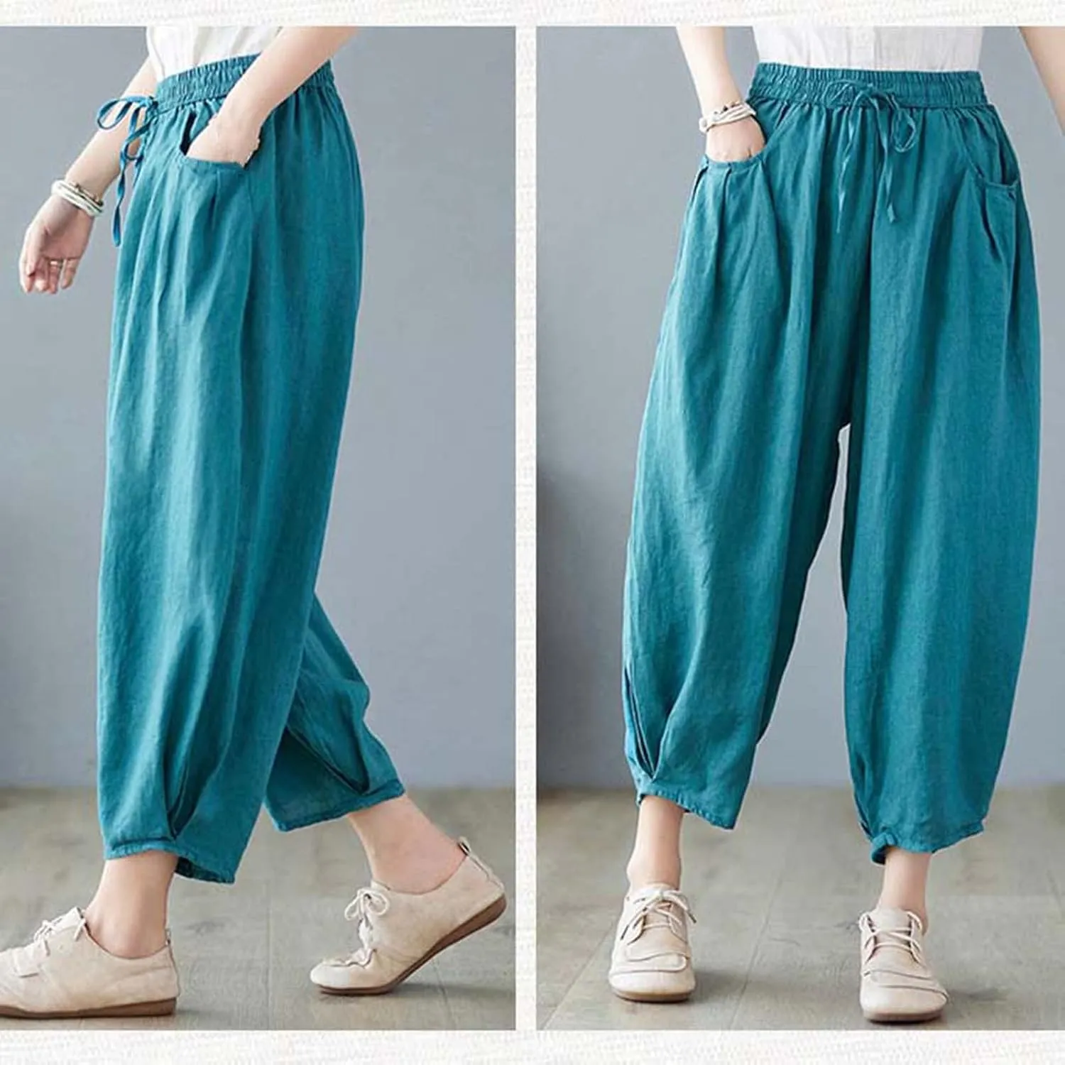 Ceboyel Womens Cotton Linen Harem Pants Drawstring Elastic Waist Summer Trouser Casual Baggy Pants Boho Beach Clothes 2023