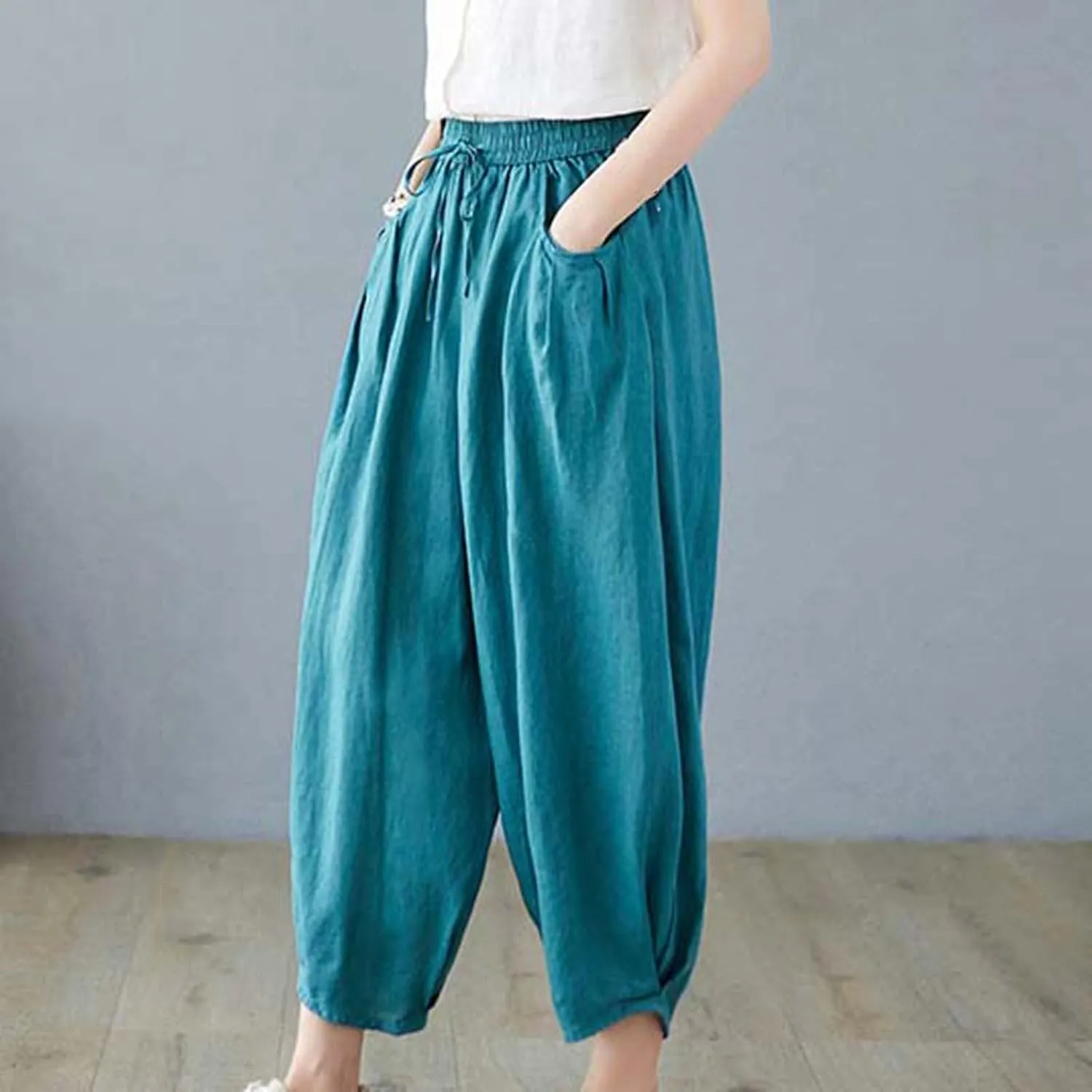 Ceboyel Womens Cotton Linen Harem Pants Drawstring Elastic Waist Summer Trouser Casual Baggy Pants Boho Beach Clothes 2023