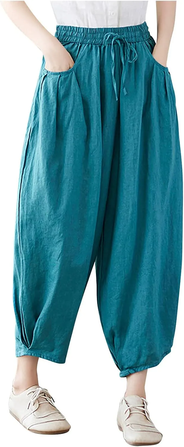 Ceboyel Womens Cotton Linen Harem Pants Drawstring Elastic Waist Summer Trouser Casual Baggy Pants Boho Beach Clothes 2023