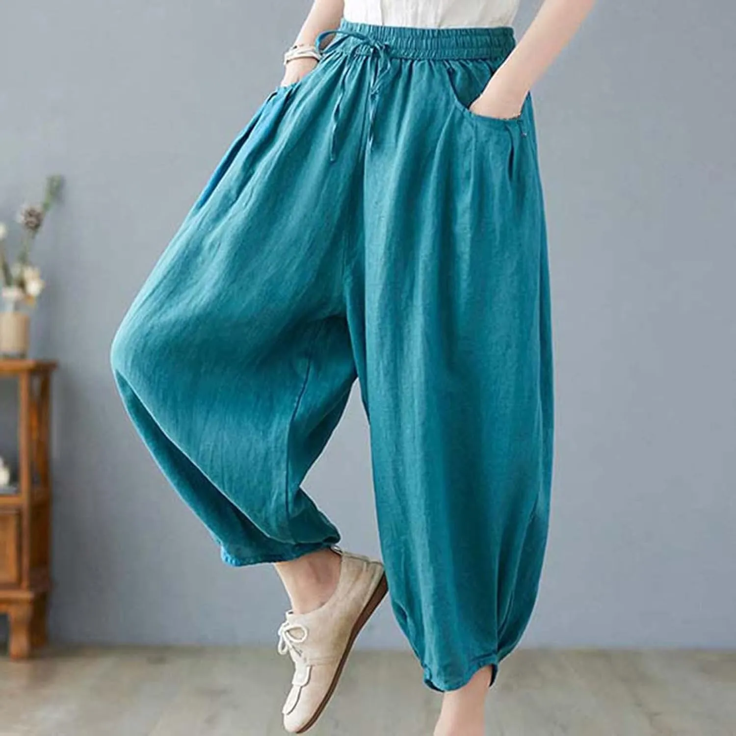 Ceboyel Womens Cotton Linen Harem Pants Drawstring Elastic Waist Summer Trouser Casual Baggy Pants Boho Beach Clothes 2023