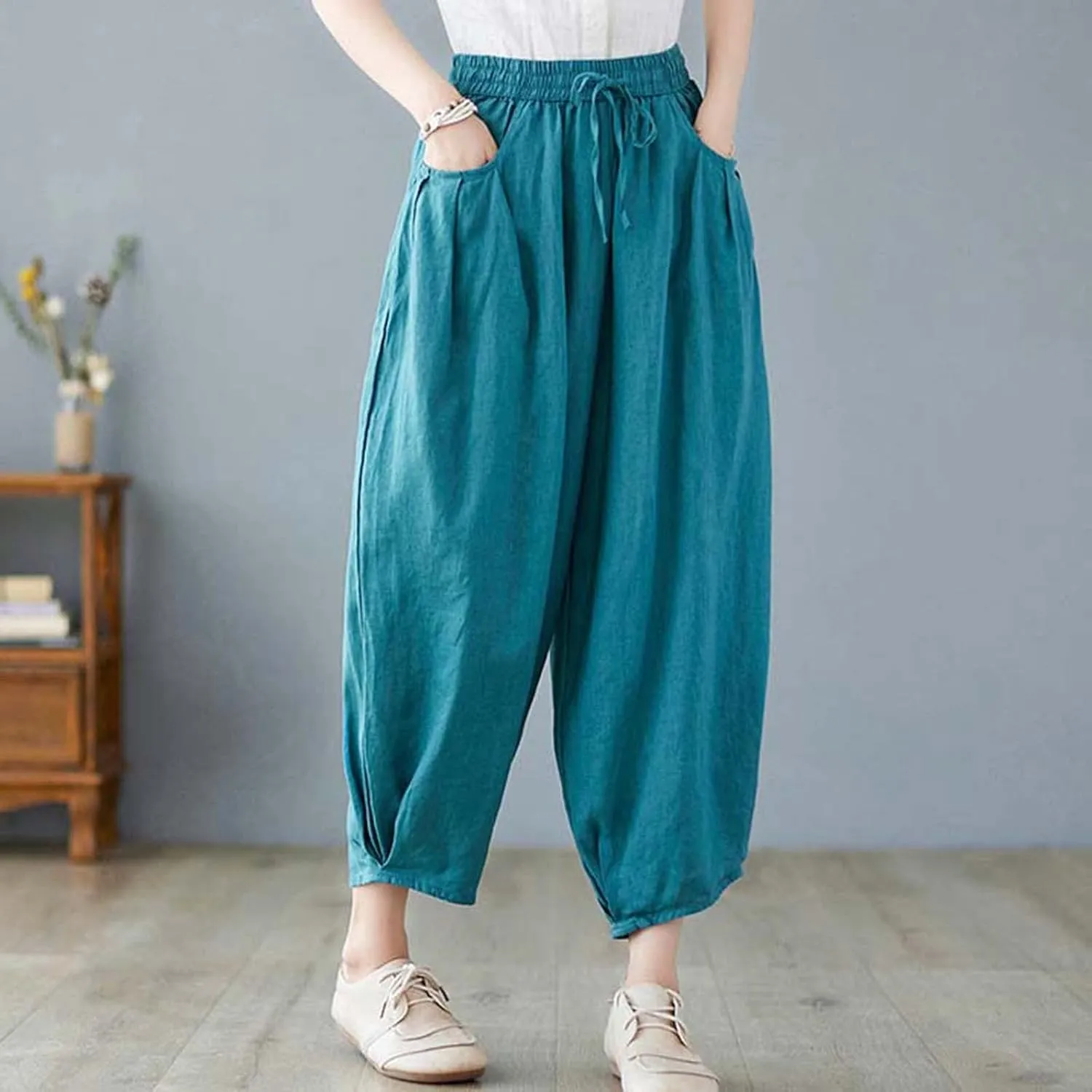 Ceboyel Womens Cotton Linen Harem Pants Drawstring Elastic Waist Summer Trouser Casual Baggy Pants Boho Beach Clothes 2023