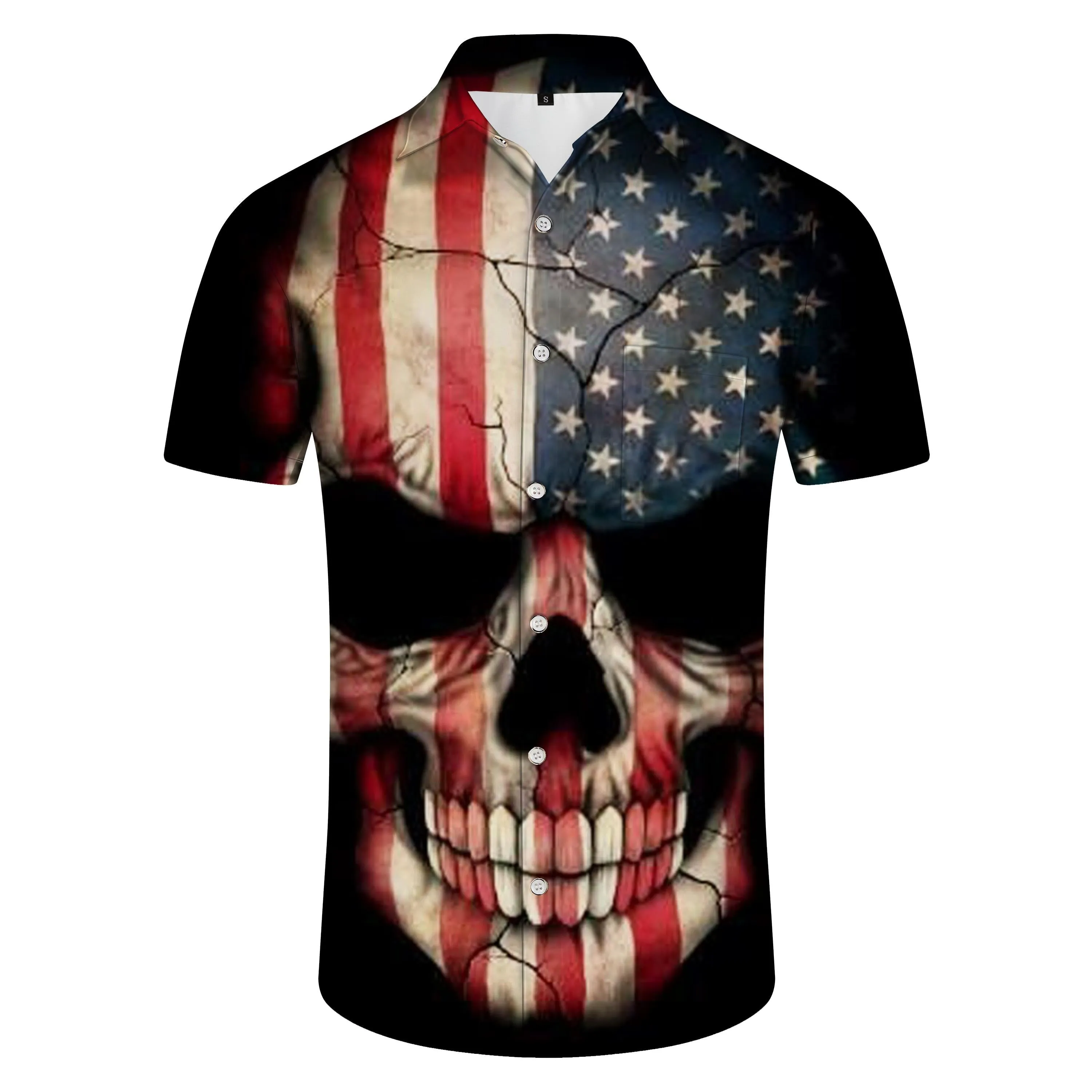 Classic Casual Mens Hawaiian Button Down Abstract 3D Print Shirt Short Sleeve Clothing Black Hell Skull Shirt