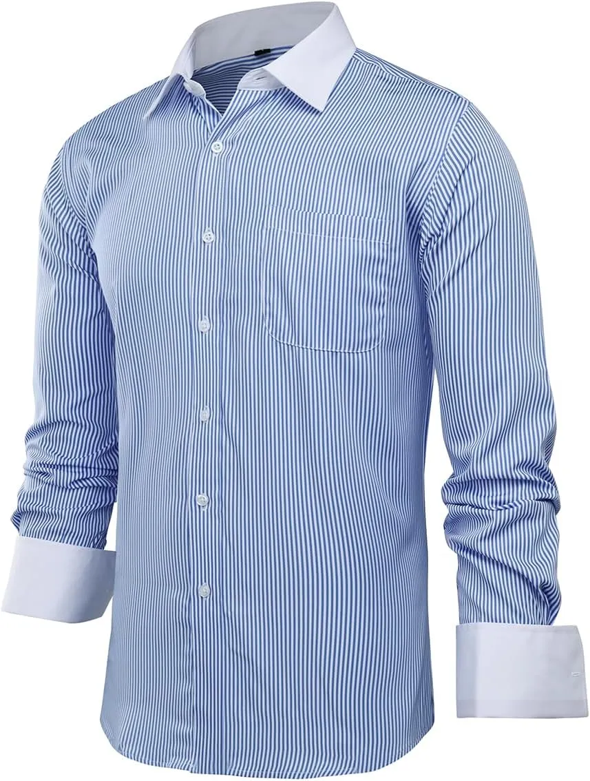 Cloudstyle Men's Dress Shirt Slim Fit Button Down Stripe Checked Shirt