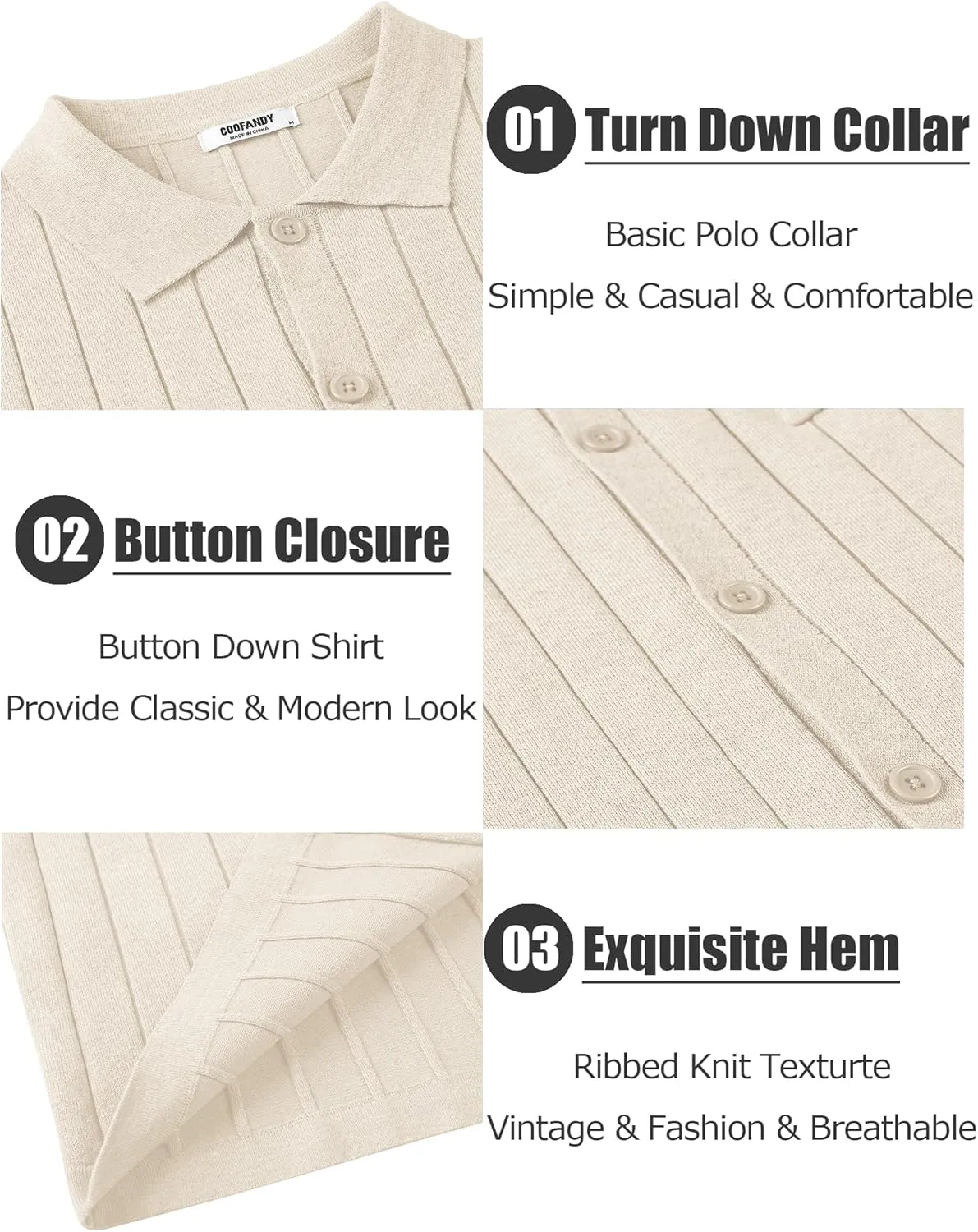 COOFANDY Men's Casual Knit Polo Shirts Long Sleeve Button Down Sweater Polo Ribbed Cardigan Sweater with Pocket