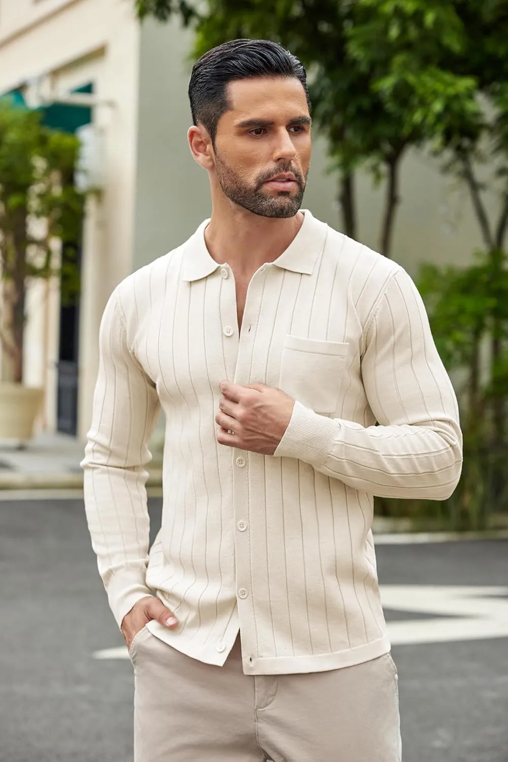 COOFANDY Men's Casual Knit Polo Shirts Long Sleeve Button Down Sweater Polo Ribbed Cardigan Sweater with Pocket