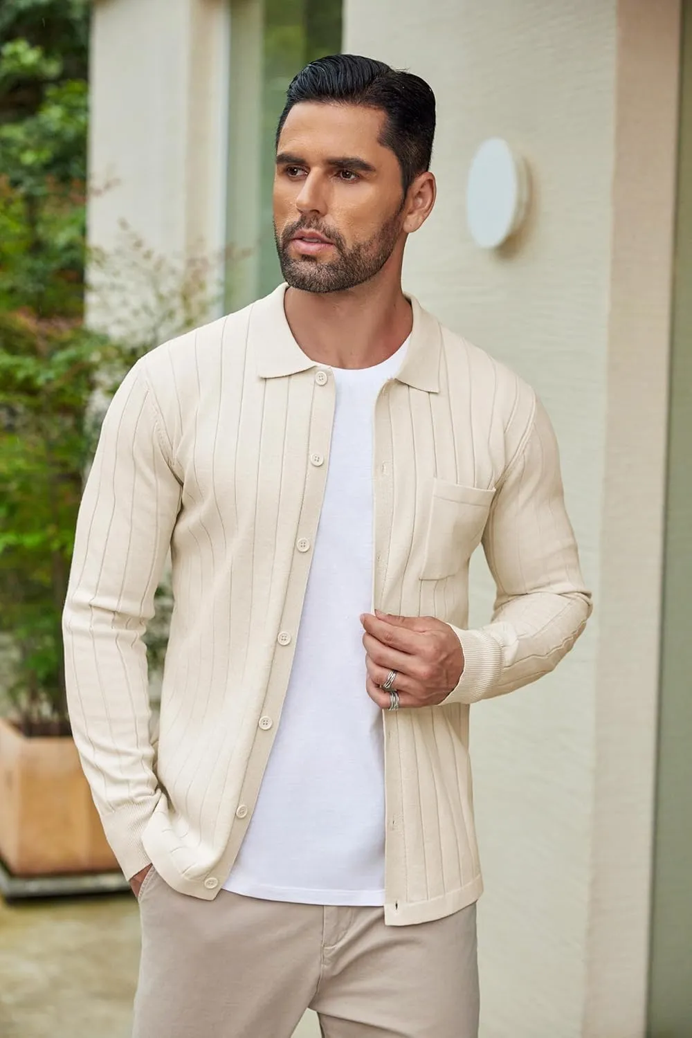 COOFANDY Men's Casual Knit Polo Shirts Long Sleeve Button Down Sweater Polo Ribbed Cardigan Sweater with Pocket
