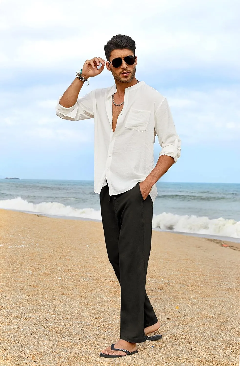 COOFANDY Men's Casual Linen Pants Elastic Waist Drawstring Yoga Beach Pants Lightweight Loose Fit Trousers with Pockets
