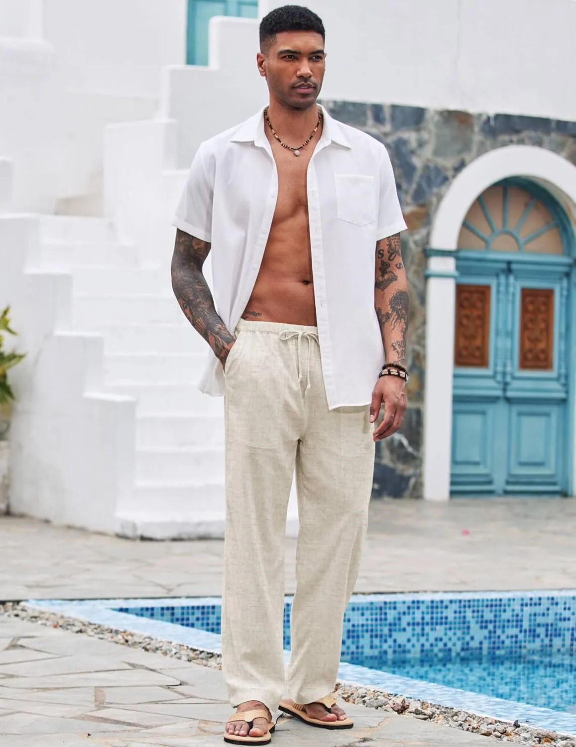 COOFANDY Mens Casual Linen Pants Elastic Waist Linen Pants Drawstring Summer Beach Yoga Linen Trouser