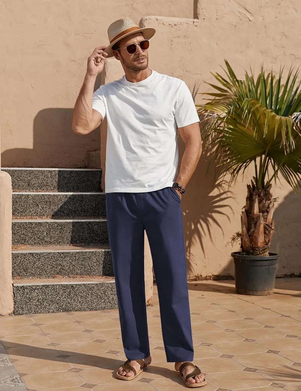 COOFANDY Men's Casual Linen Pants Loose Fit Elastic Waist Drawstring Lightweight Pant Summer Beach Trousers