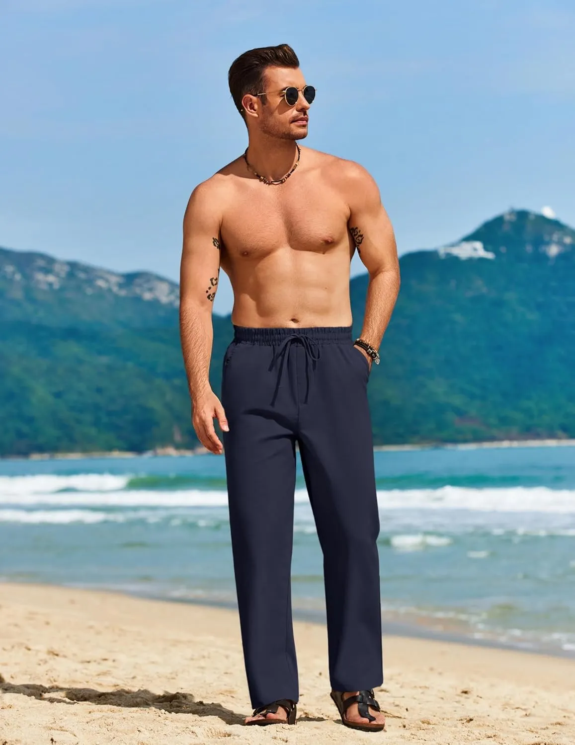 COOFANDY Men's Casual Linen Pants Loose Fit Elastic Waist Drawstring Lightweight Pant Summer Beach Trousers