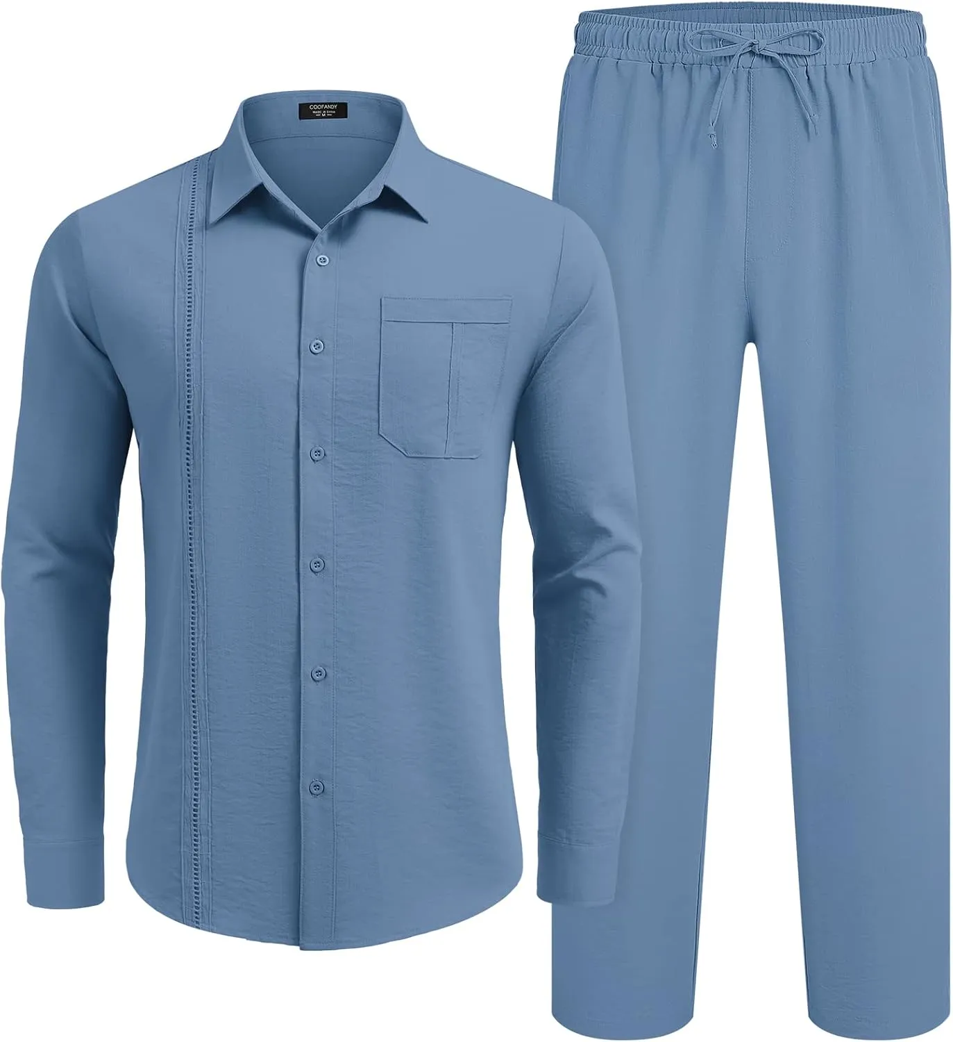 COOFANDY Mens Linen Sets 2 Piece Long Sleeve Button Down Cuban Shirt and Pants Set Summer Beach Set Outfits