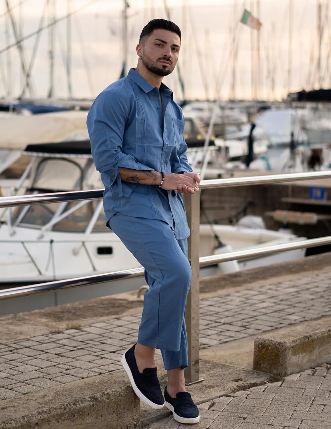 COOFANDY Mens Linen Sets 2 Piece Long Sleeve Button Down Cuban Shirt and Pants Set Summer Beach Set Outfits