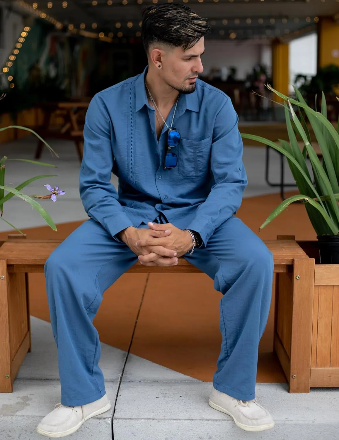 COOFANDY Mens Linen Sets 2 Piece Long Sleeve Button Down Cuban Shirt and Pants Set Summer Beach Set Outfits