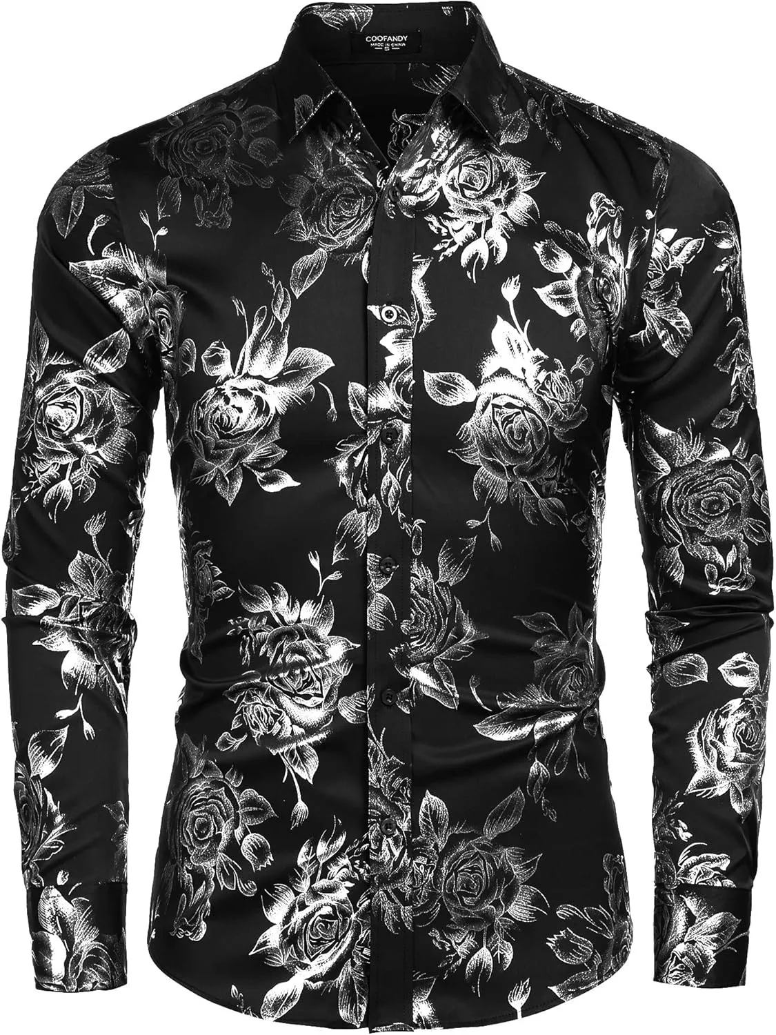 COOFANDY Men's Rose Shiny Shirt Luxury Flowered Printed Button Down Shirt