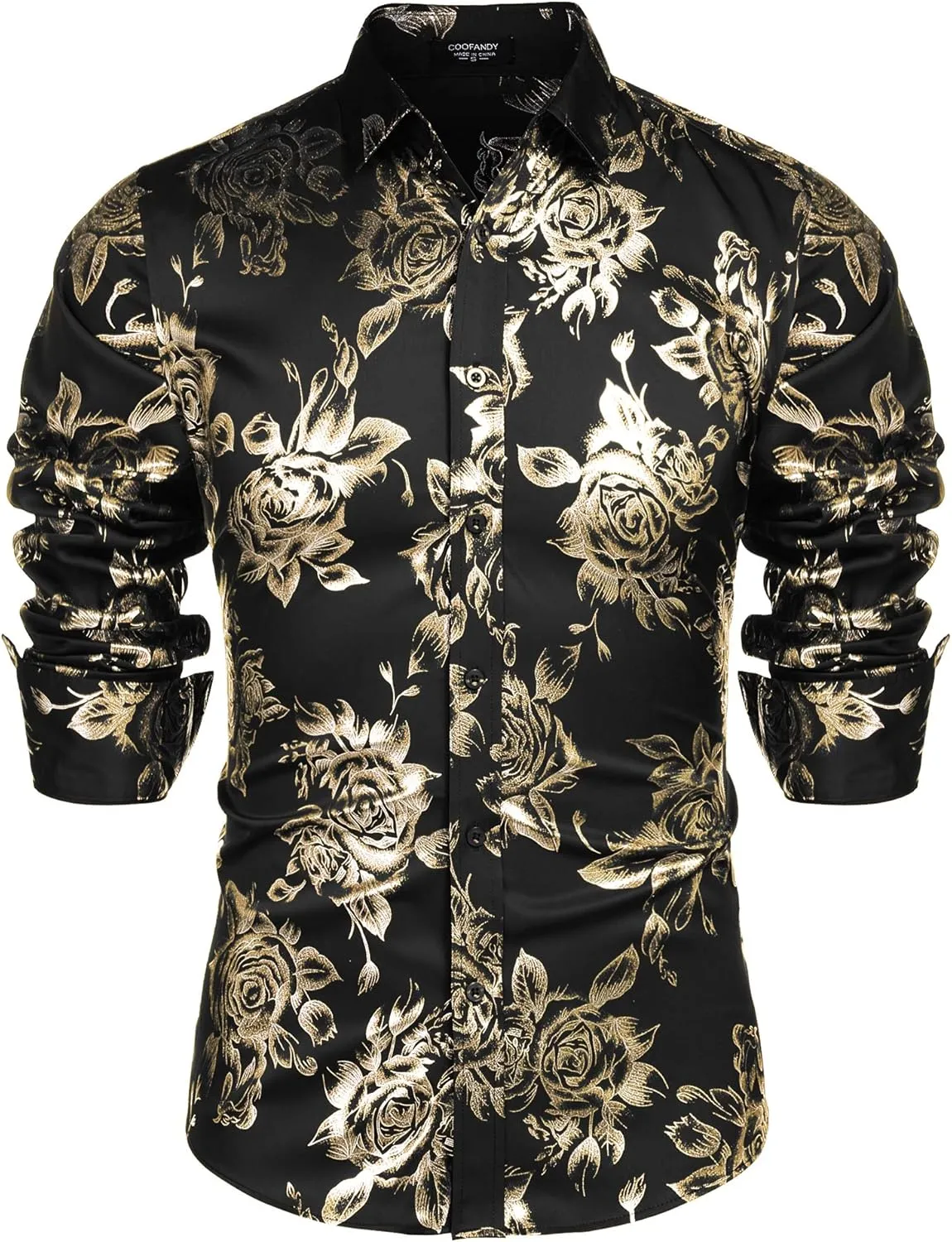 COOFANDY Men's Rose Shiny Shirt Luxury Flowered Printed Button Down Shirt