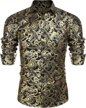 COOFANDY Men's Rose Shiny Shirt Luxury Flowered Printed Button Down Shirt