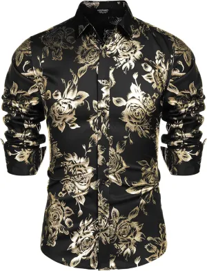 COOFANDY Men's Rose Shiny Shirt Luxury Flowered Printed Button Down Shirt