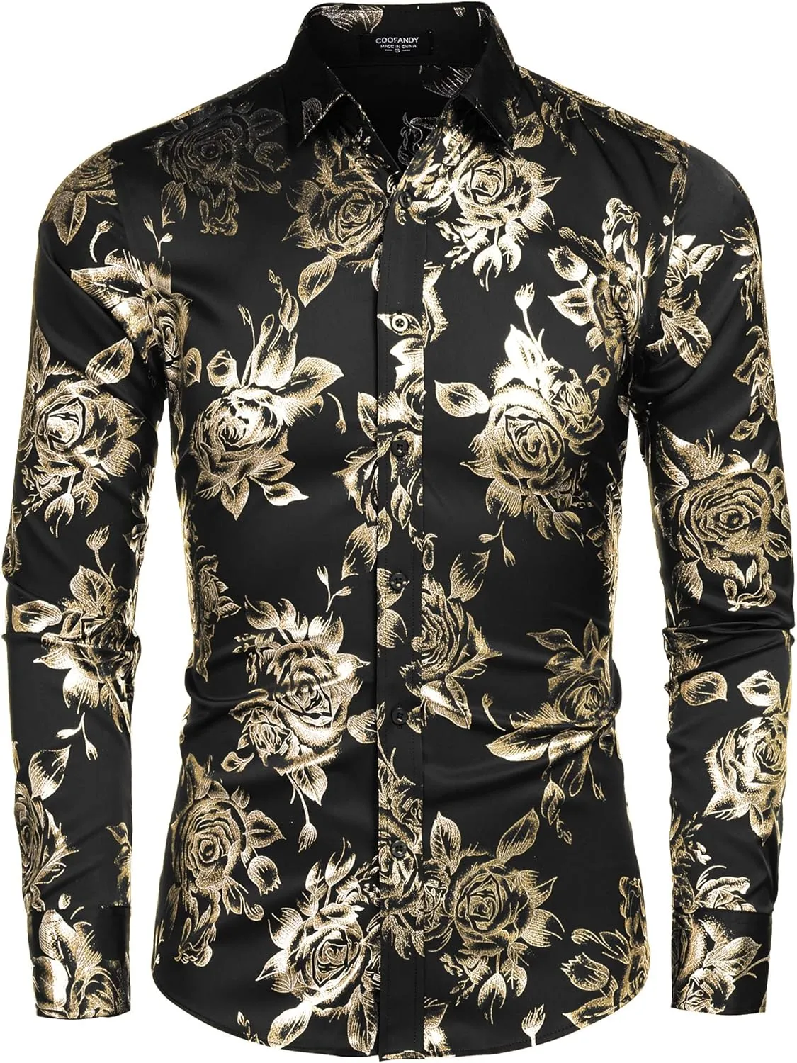 COOFANDY Men's Rose Shiny Shirt Luxury Flowered Printed Button Down Shirt