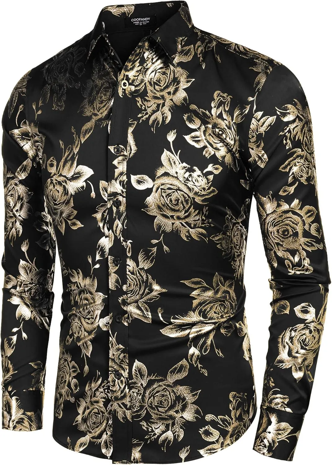COOFANDY Men's Rose Shiny Shirt Luxury Flowered Printed Button Down Shirt