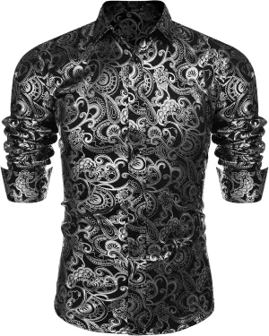 COOFANDY Men's Rose Shiny Shirt Luxury Flowered Printed Button Down Shirt