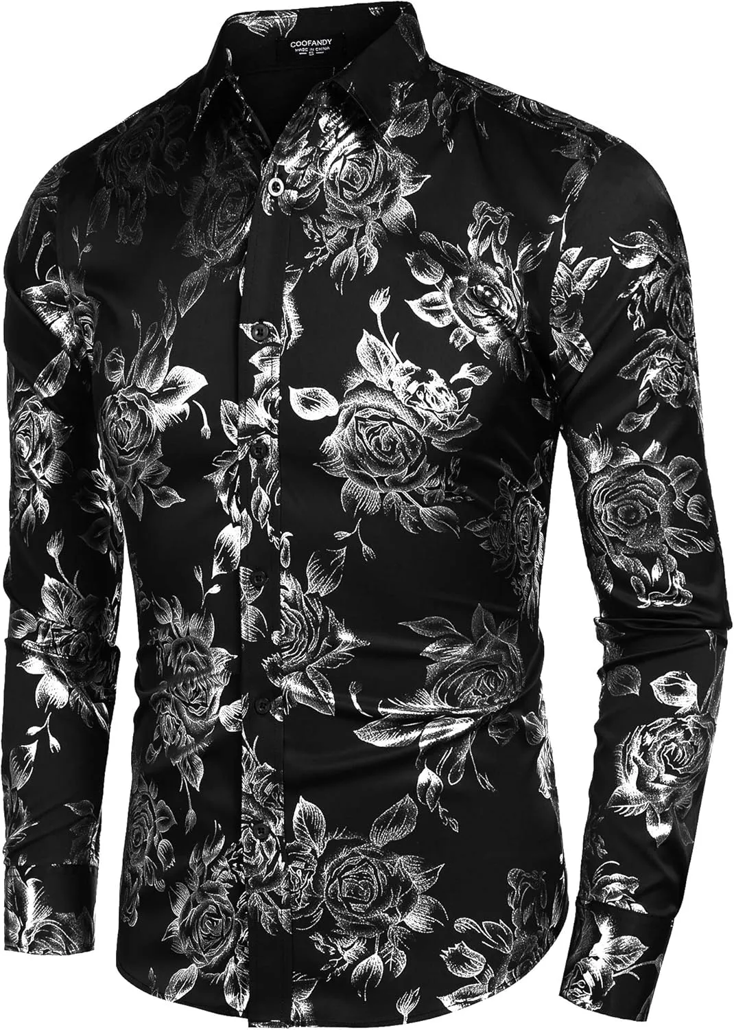 COOFANDY Men's Rose Shiny Shirt Luxury Flowered Printed Button Down Shirt