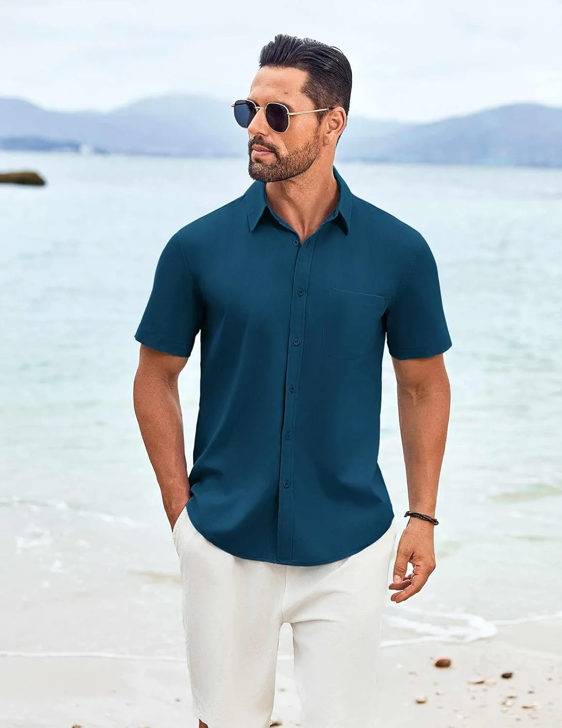 COOFANDY Shirts for Men Short Sleeve Button Down Shirt Casual Summer Beach Shirt