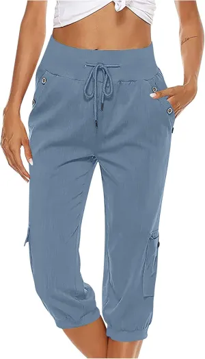 Cotton Linen Capri Pants for Women Drawstring High Waisted Loose Fit Summer Capris Casual Cropped Trouser with Pocket