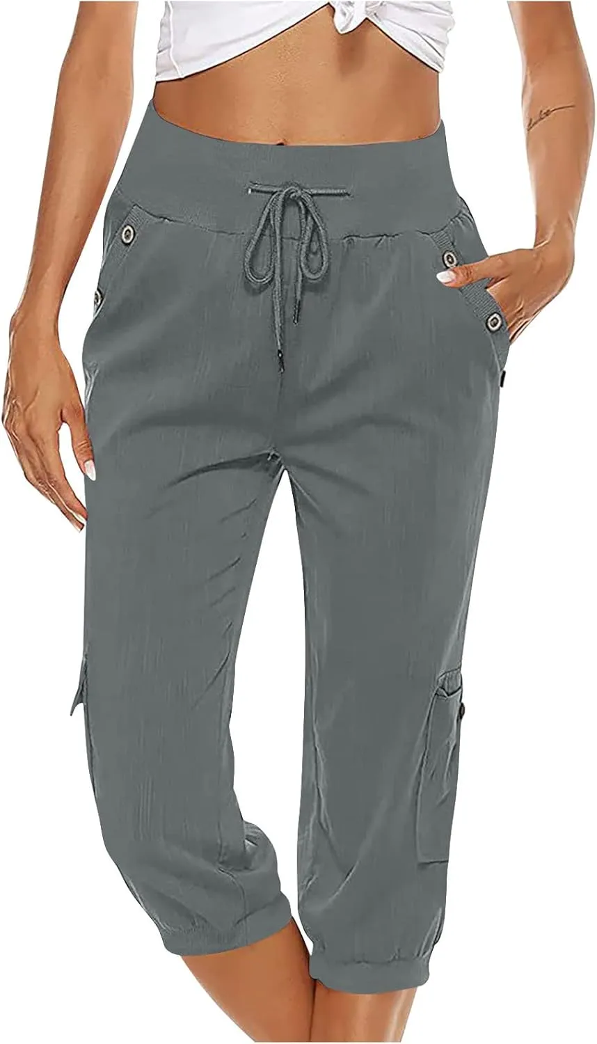 Cotton Linen Capri Pants for Women Drawstring High Waisted Loose Fit Summer Capris Casual Cropped Trouser with Pocket