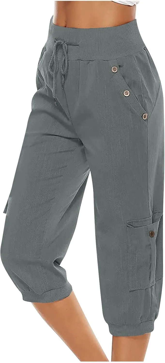 Cotton Linen Capri Pants for Women Drawstring High Waisted Loose Fit Summer Capris Casual Cropped Trouser with Pocket