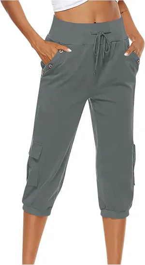 Cotton Linen Capri Pants for Women Drawstring High Waisted Loose Fit Summer Capris Casual Cropped Trouser with Pocket