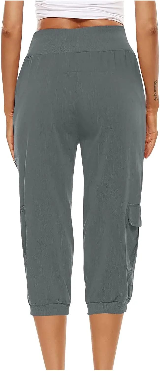 Cotton Linen Capri Pants for Women Drawstring High Waisted Loose Fit Summer Capris Casual Cropped Trouser with Pocket