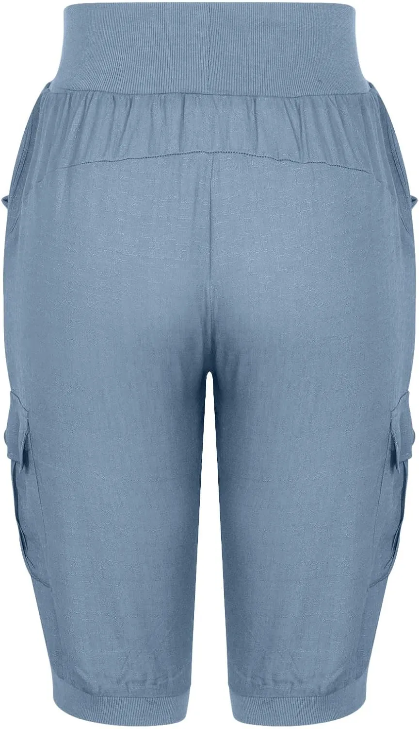 Cotton Linen Capri Pants for Women Drawstring High Waisted Loose Fit Summer Capris Casual Cropped Trouser with Pocket