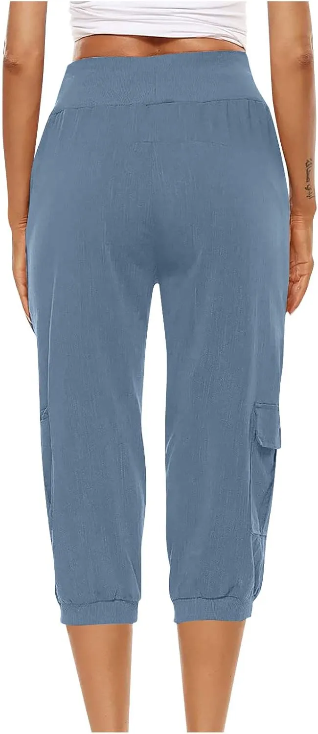 Cotton Linen Capri Pants for Women Drawstring High Waisted Loose Fit Summer Capris Casual Cropped Trouser with Pocket