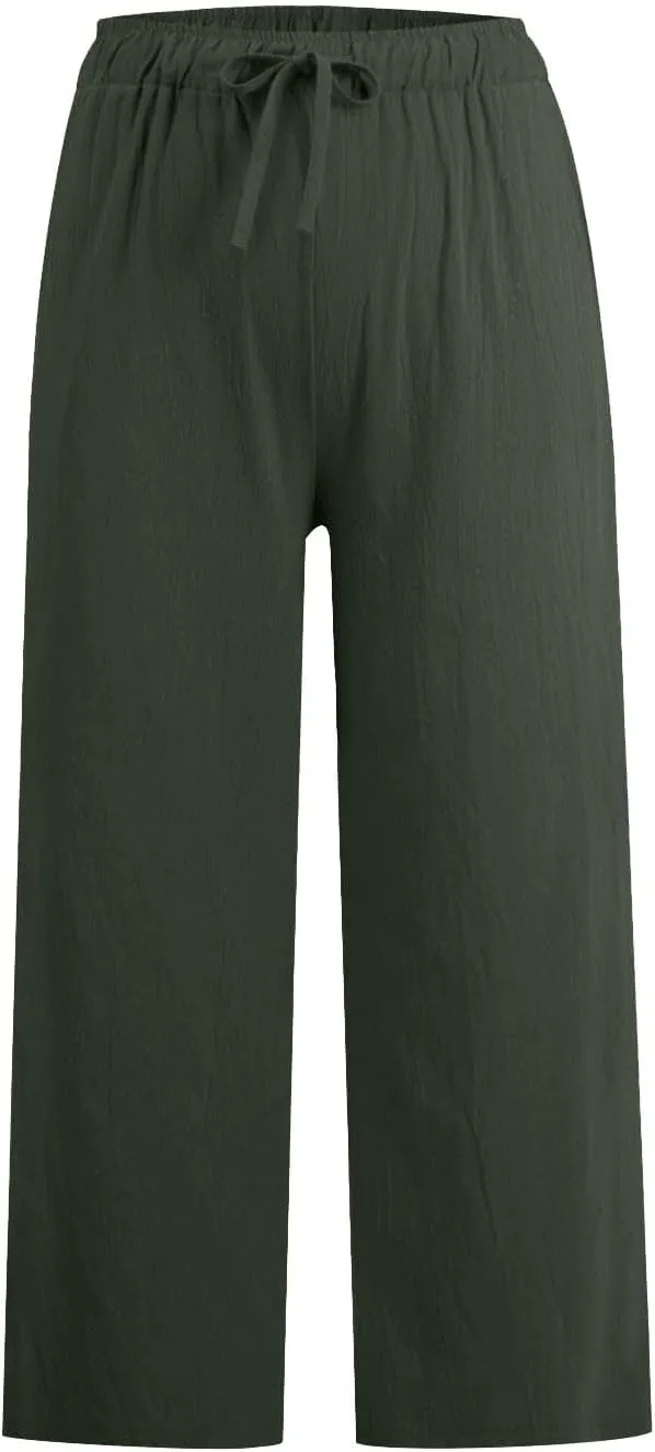 Cotton Linen Capri Pants for Women Wide Leg Cropped Pant Lounge Trouser Elastic Waist Summer Beach Vacation Outfits