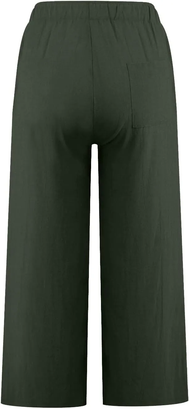 Cotton Linen Capri Pants for Women Wide Leg Cropped Pant Lounge Trouser Elastic Waist Summer Beach Vacation Outfits