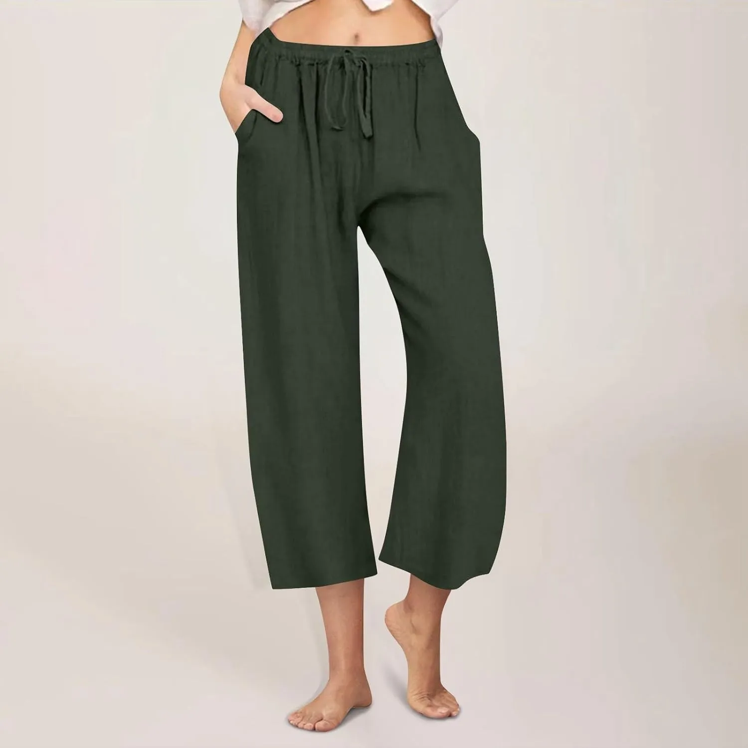 Cotton Linen Capri Pants for Women Wide Leg Cropped Pant Lounge Trouser Elastic Waist Summer Beach Vacation Outfits