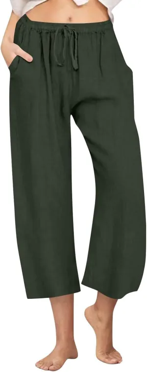 Cotton Linen Capri Pants for Women Wide Leg Cropped Pant Lounge Trouser Elastic Waist Summer Beach Vacation Outfits