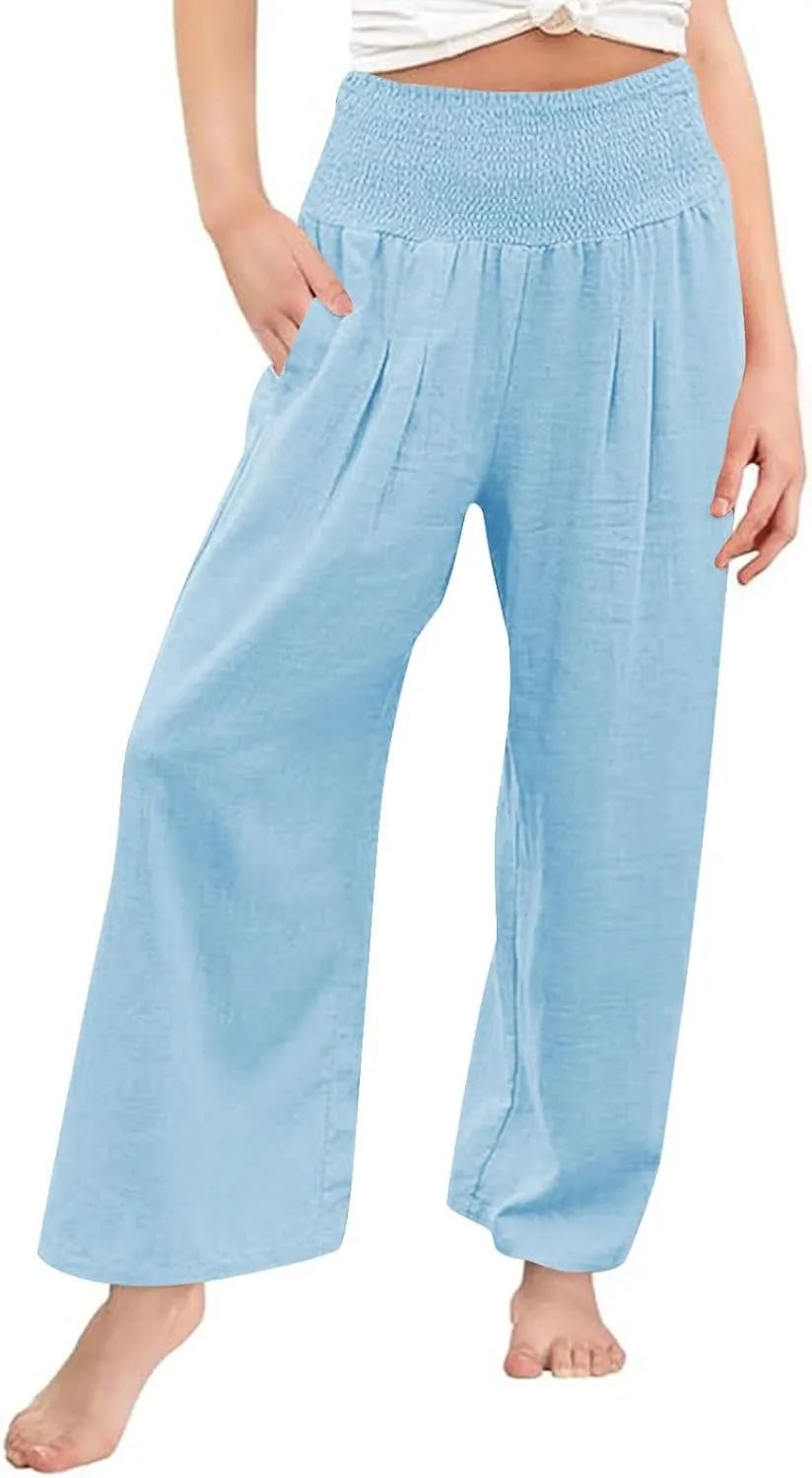 Cotton Linen Palazzo Pants for Girls Casual Smocked High Waist Wide Leg Long Pants Kids Summer Beach Lounge Trousers