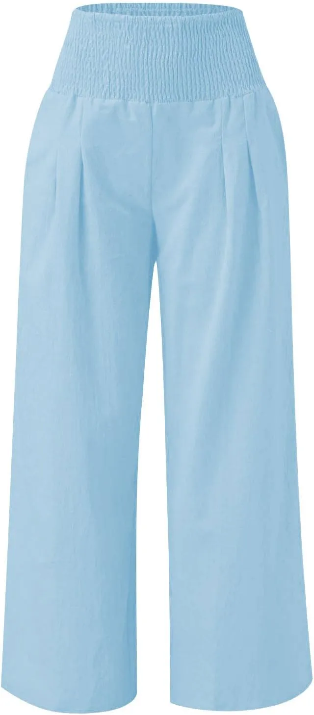 Cotton Linen Palazzo Pants for Girls Casual Smocked High Waist Wide Leg Long Pants Kids Summer Beach Lounge Trousers
