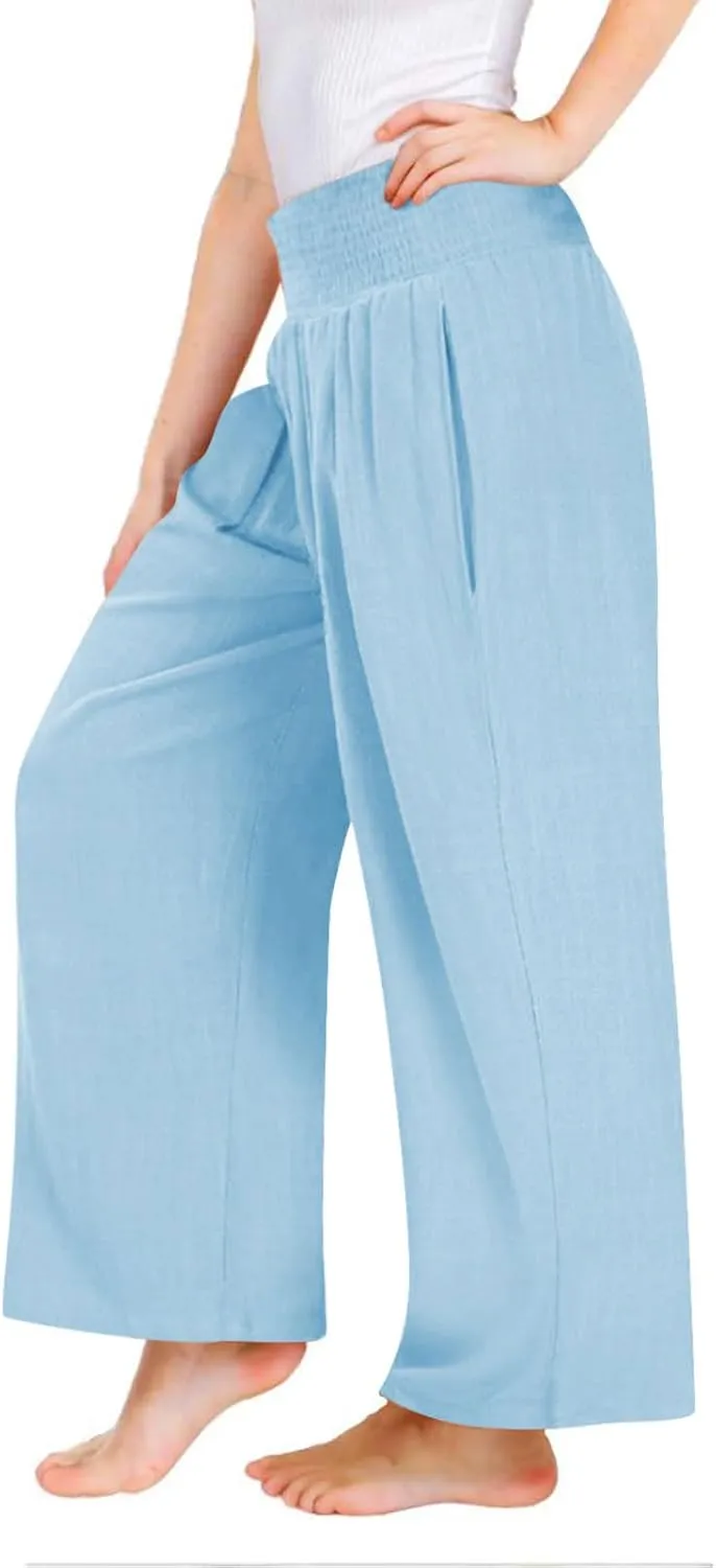 Cotton Linen Palazzo Pants for Girls Casual Smocked High Waist Wide Leg Long Pants Kids Summer Beach Lounge Trousers
