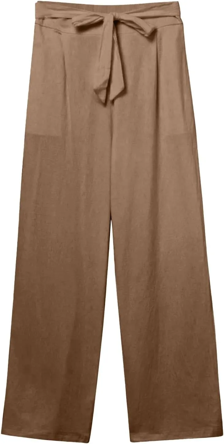 Cotton Linen Pant for Women Loose Fit High Waisted Plus Size Wide Leg Pants Tie Knot Summer Beach Pant with Pockets