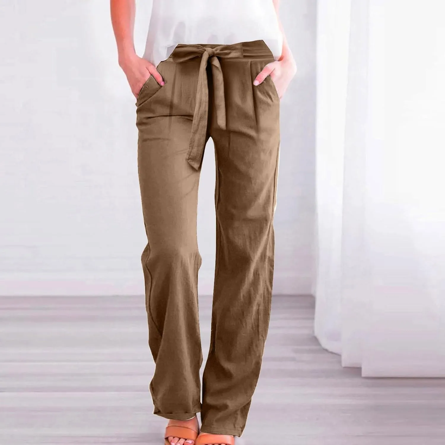 Cotton Linen Pant for Women Loose Fit High Waisted Plus Size Wide Leg Pants Tie Knot Summer Beach Pant with Pockets