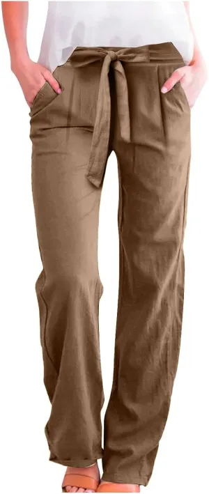 Cotton Linen Pant for Women Loose Fit High Waisted Plus Size Wide Leg Pants Tie Knot Summer Beach Pant with Pockets