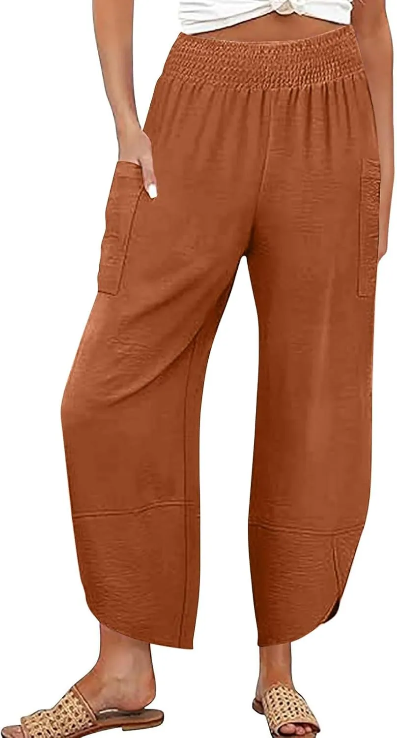 Cotton Linen Pants for Women Casual Summer Elastic Waist Capri Pants Loose Ankle Length Palazzo Trousers with Pockets