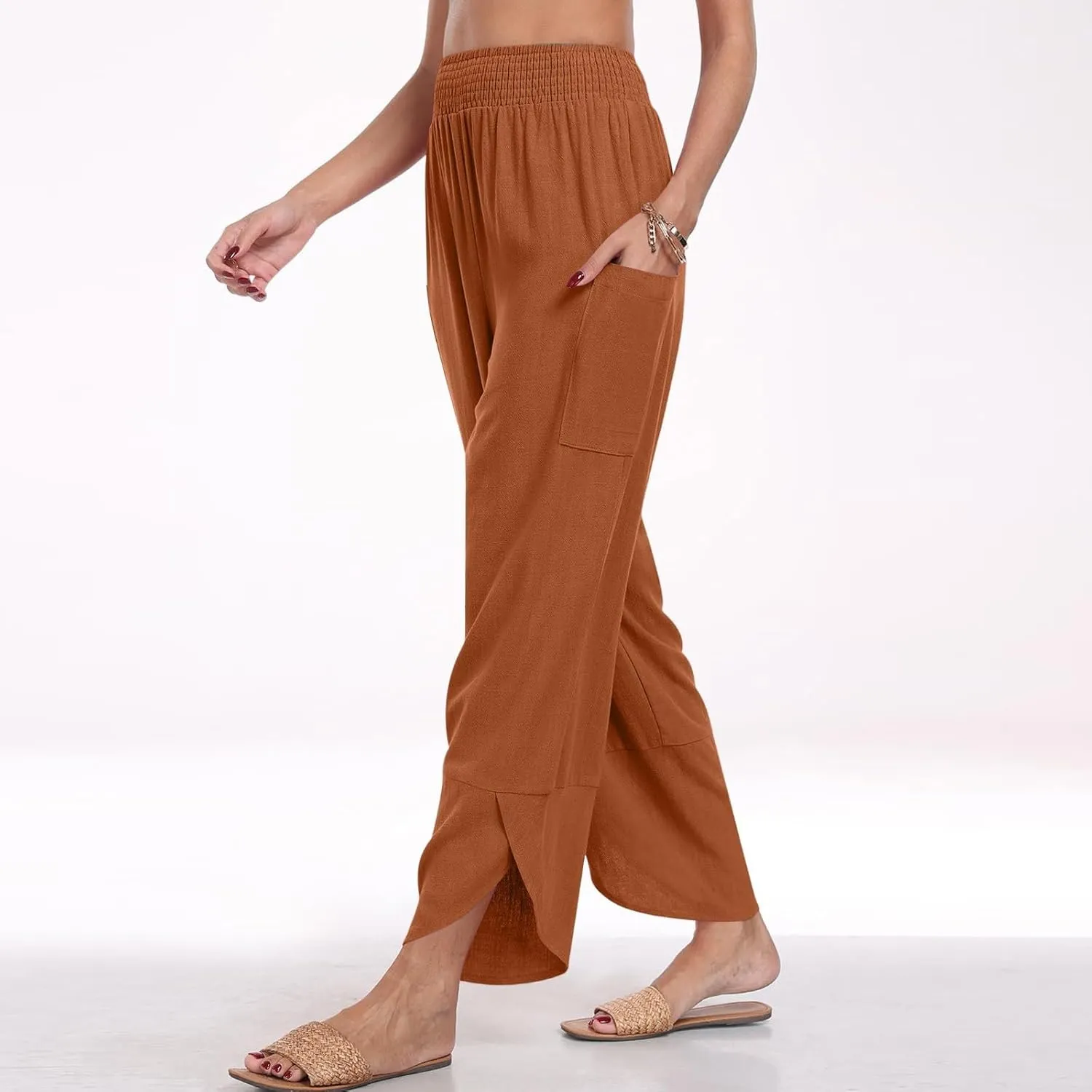 Cotton Linen Pants for Women Casual Summer Elastic Waist Capri Pants Loose Ankle Length Palazzo Trousers with Pockets