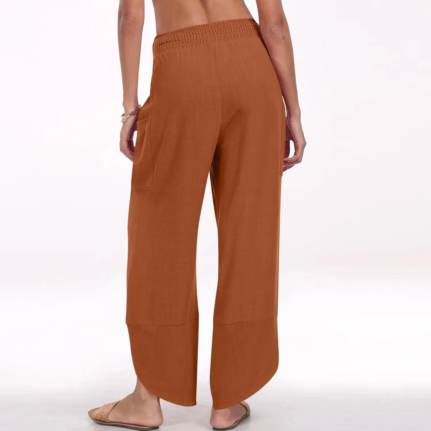 Cotton Linen Pants for Women Casual Summer Elastic Waist Capri Pants Loose Ankle Length Palazzo Trousers with Pockets