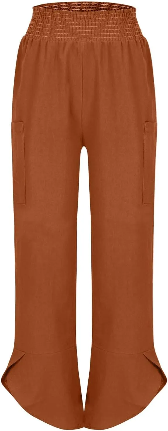 Cotton Linen Pants for Women Casual Summer Elastic Waist Capri Pants Loose Ankle Length Palazzo Trousers with Pockets
