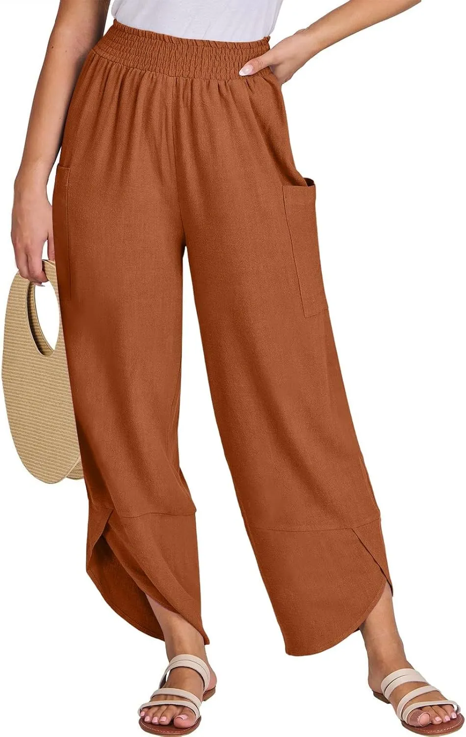 Cotton Linen Pants for Women Casual Summer Elastic Waist Capri Pants Loose Ankle Length Palazzo Trousers with Pockets