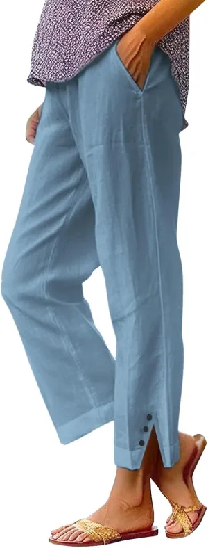 Cotton Linen Pants for Women Elastic High Waist Straight Leg Lounge Pants Summer Casual Slacks Trousers with Pockets